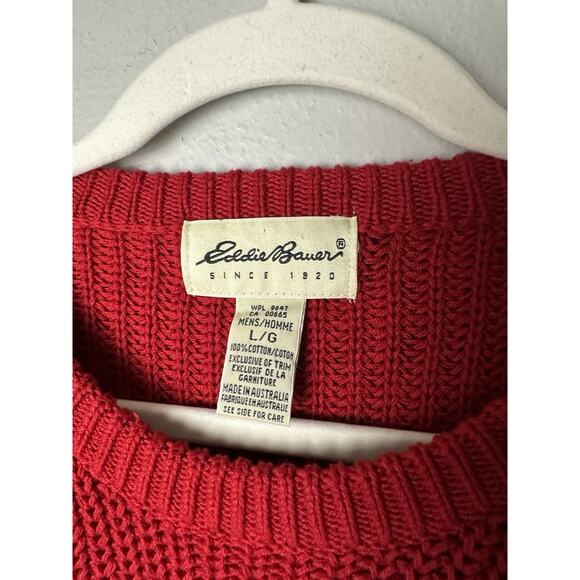 Vtg 90s Eddie Bauer Mens Large Red Cotton Knit Crewneck Sweater Chunky - Picture 3 of 3